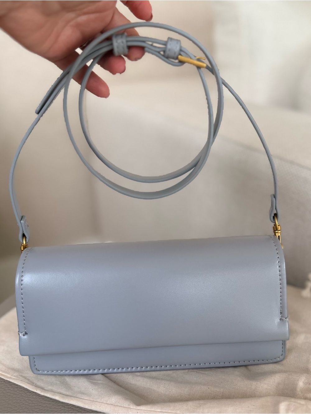 Zara Pale Blue Leather Shoulder Bag with Gold Hardware